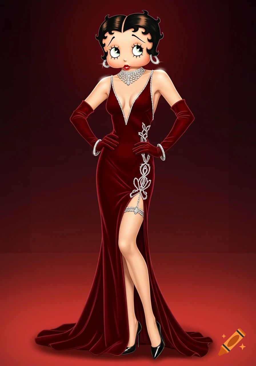 Betty Boop in a long, red glamorous dress with jewelry and gloves on a red  background. on Craiyon