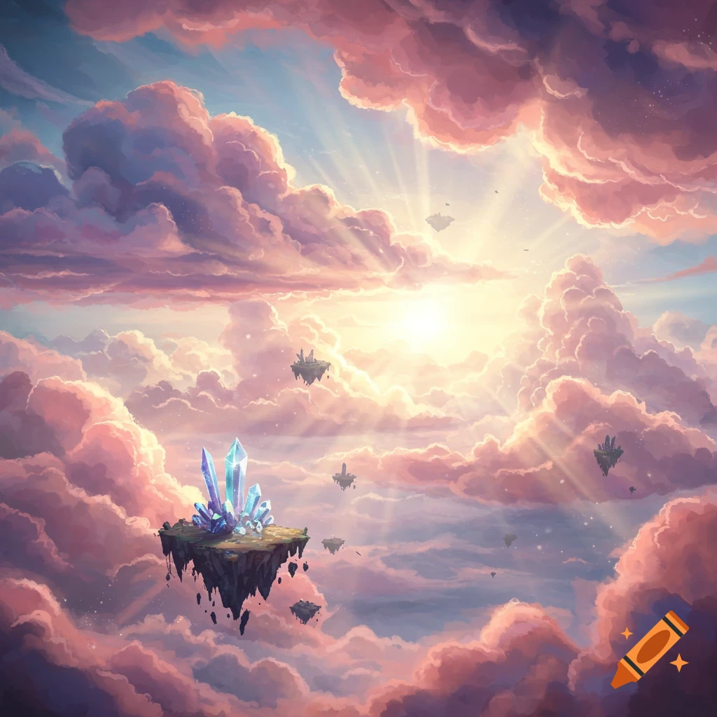 A fantasy landscape with pink and purple clouds and floating islands topped with glowing blue crystals.