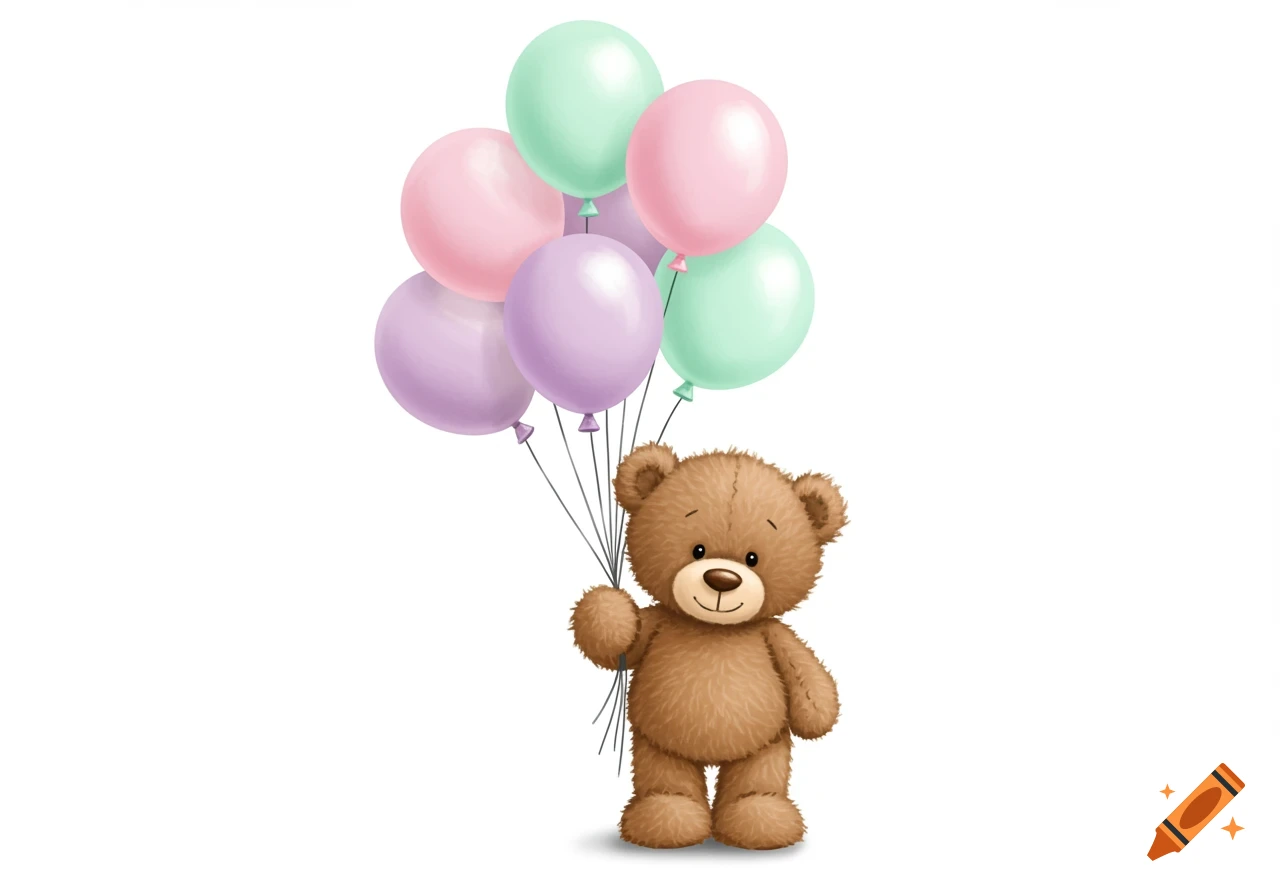 Adorable teddy bear holding pastel balloons against a white background.