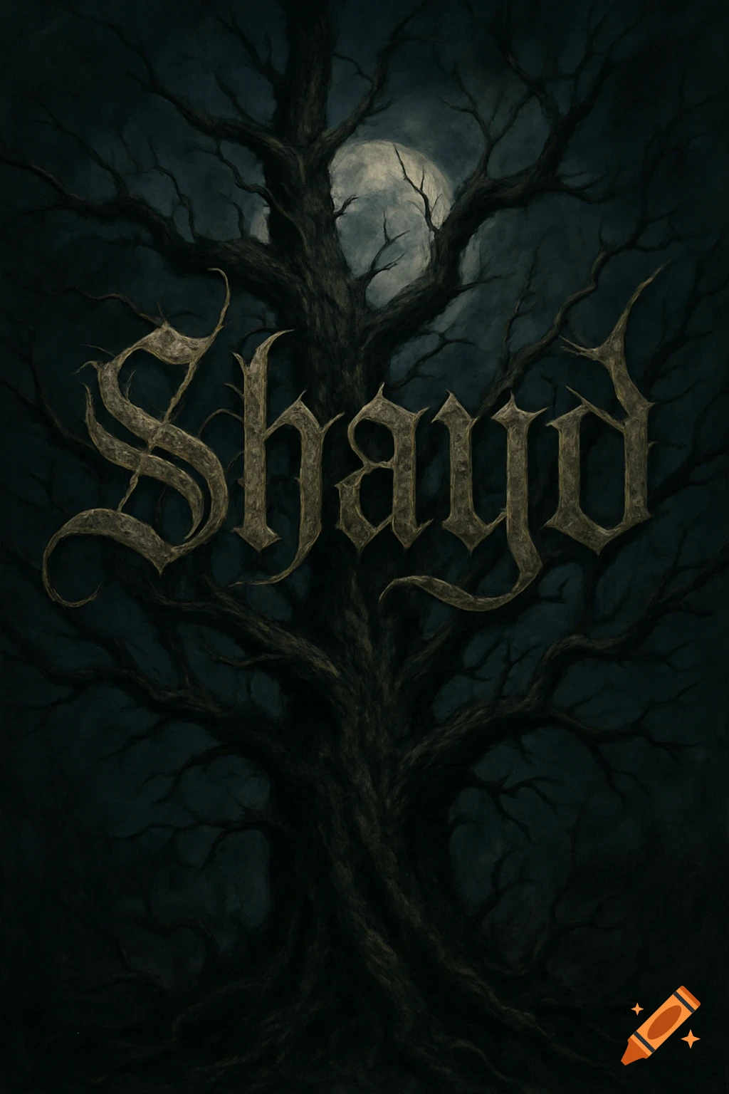 Gothic text 'Shayd' entwined in a dark, gnarled tree against a full moon.