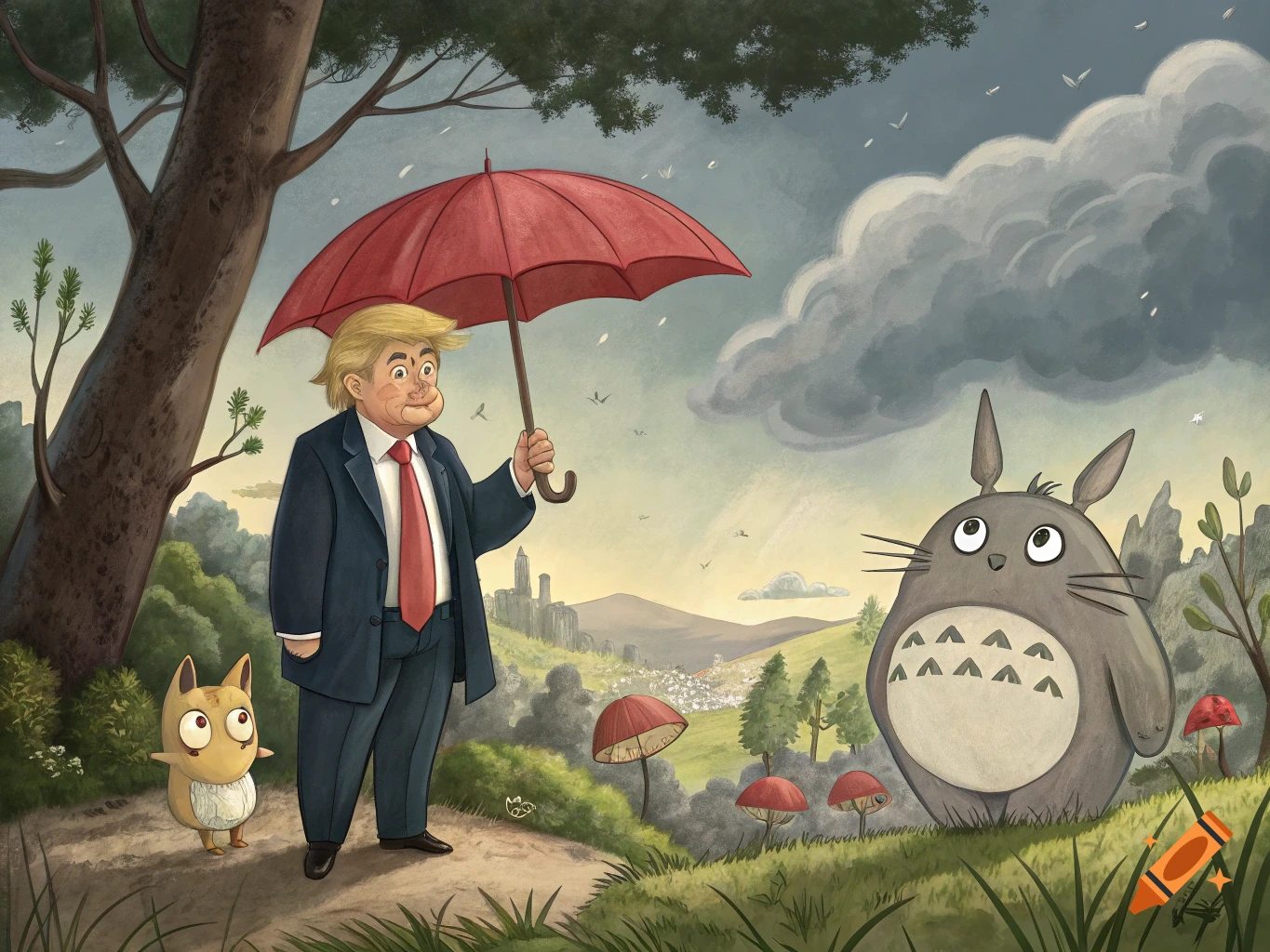 Cartoon Donald Trump holding an umbrella next to a Totoro-like creature in a fantasy forest scene, Studio Ghibli style.