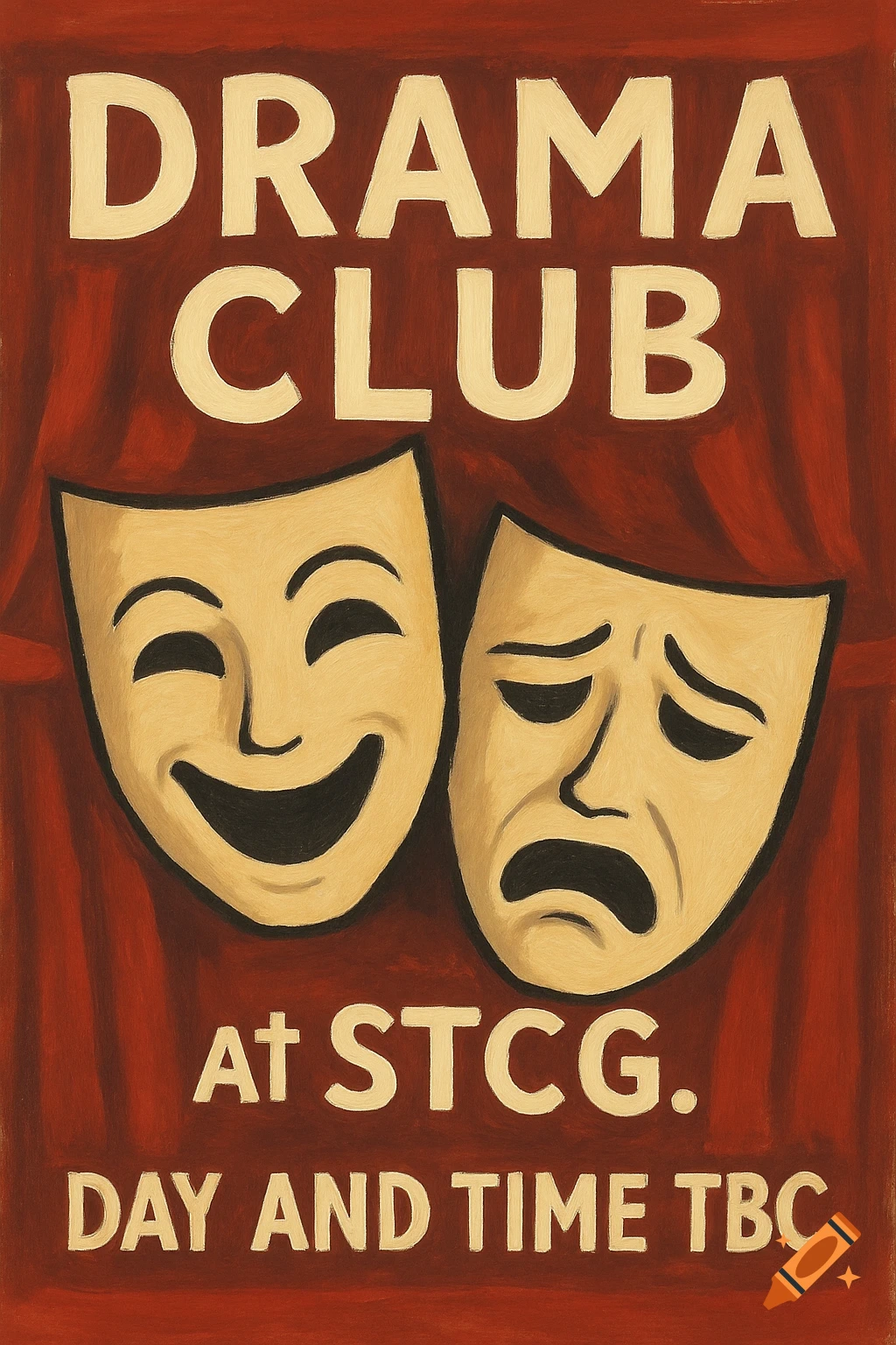 Drama club poster with comedy and tragedy masks.