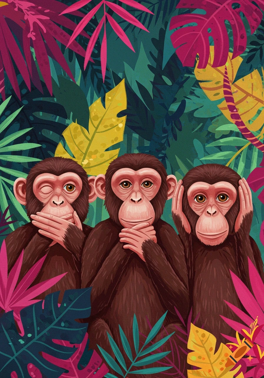 Three monkeys in a colorful jungle illustration acting out 'see no evil, hear no evil, speak no evil'.