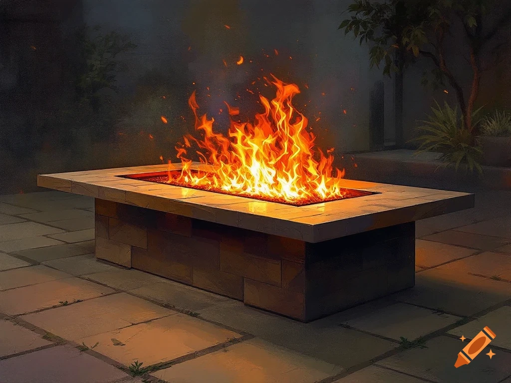 A rectangular fire pit table burns brightly on a patio at night.