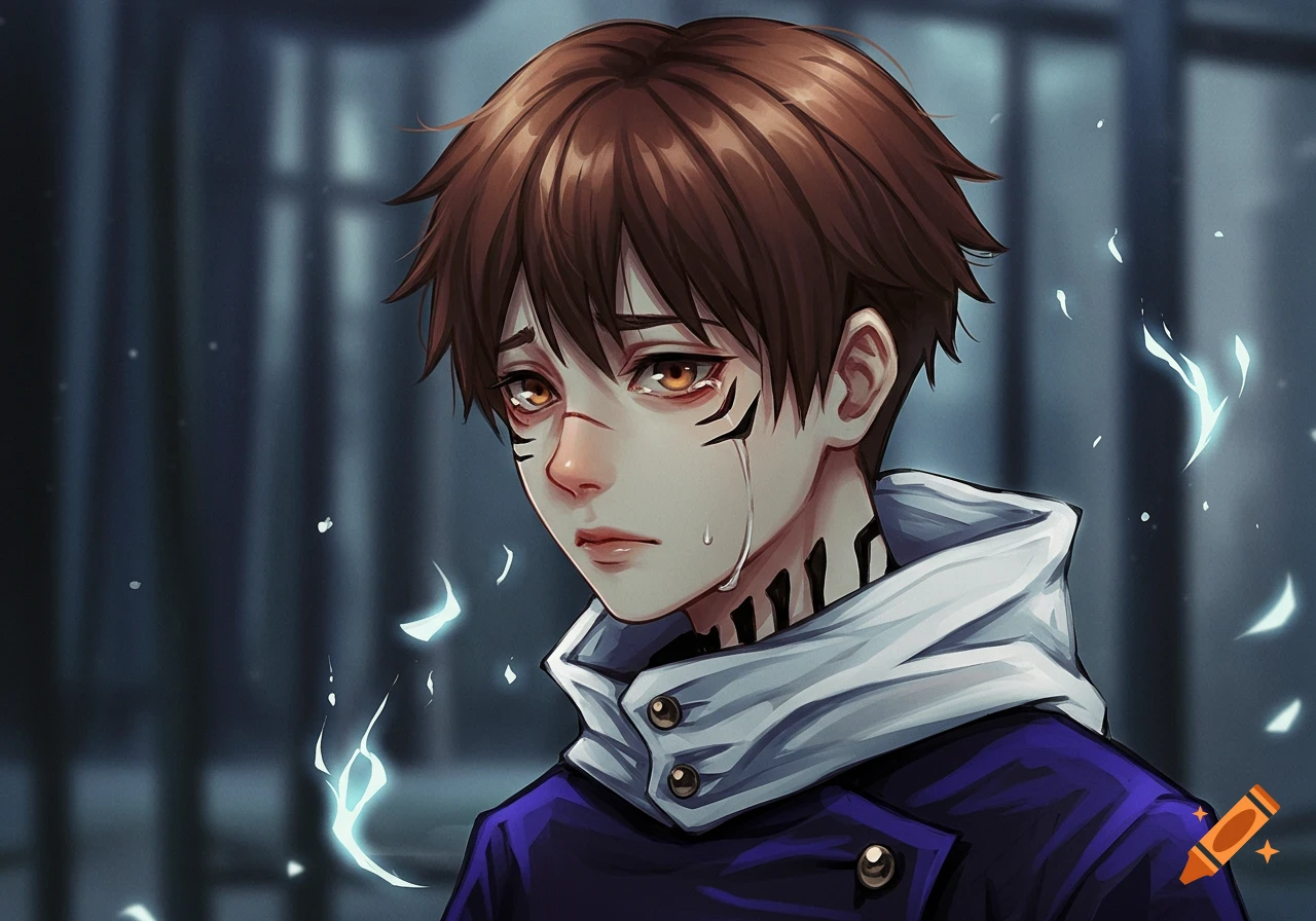 Anime portrait of a sad boy with brown hair, brown eyes, and face markings, shedding a tear.