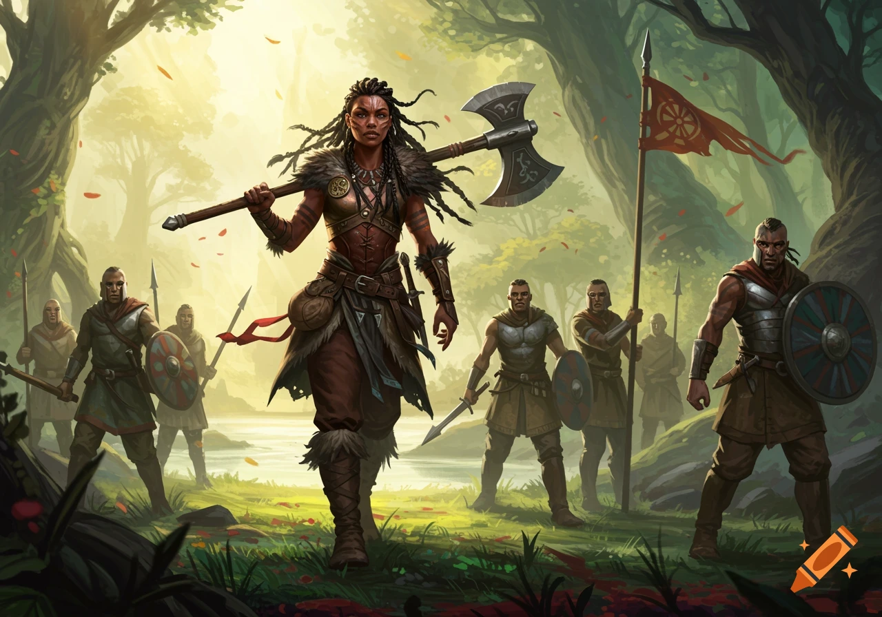 Fantasy art of a warrior woman with an axe leading a group of warriors through a forest.