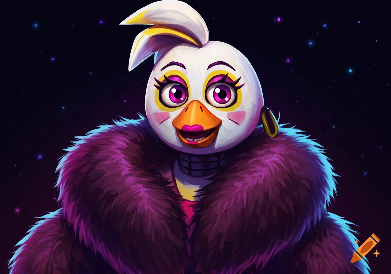 Glamrock Chica in a purple fur coat against a starry background, digital art.