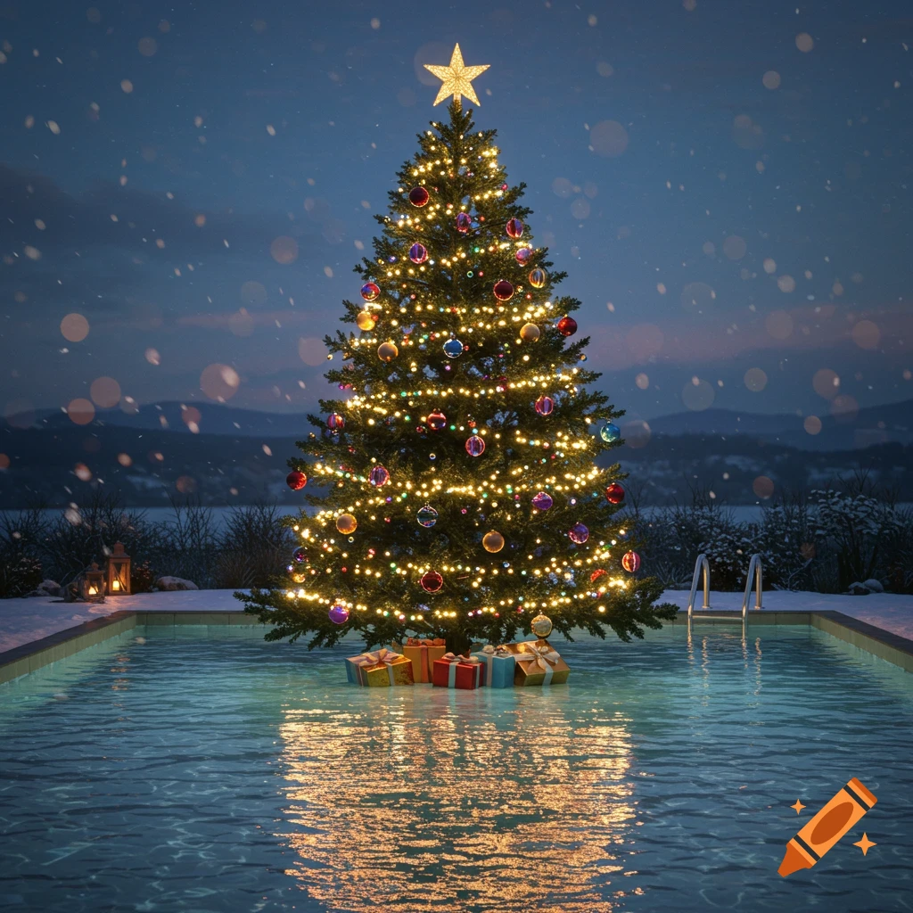 A decorated Christmas tree stands in a swimming pool surrounded by snow and gifts at night.