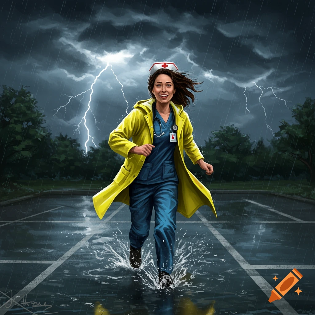 A female nurse wearing a yellow raincoat runs through a flooded parking lot during a storm with lightning.