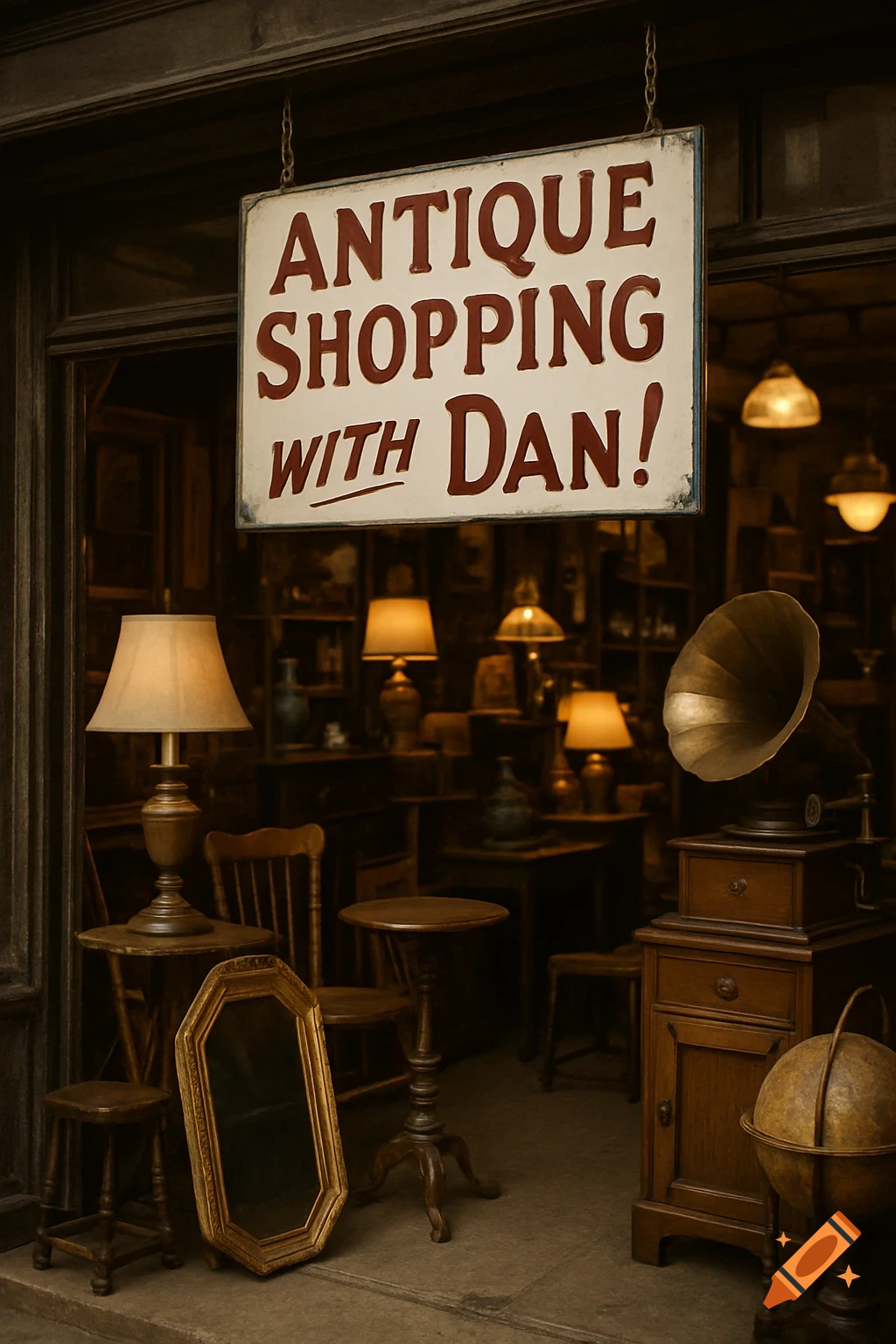 An antique shop entrance with a sign reading "Antique Shopping with Dan!" visible above the doorway.