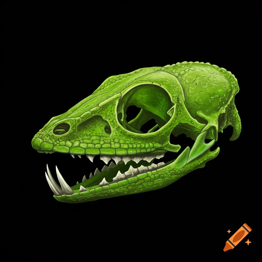 Illustration of a bright green lizard skull on a black background.