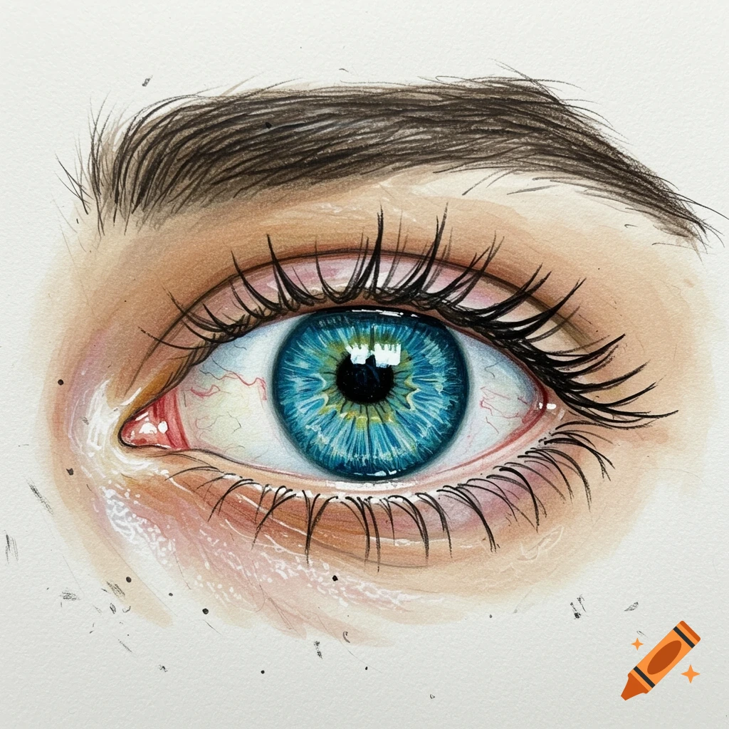 Drawing of a realistic human eye with blue iris and brown eyebrow