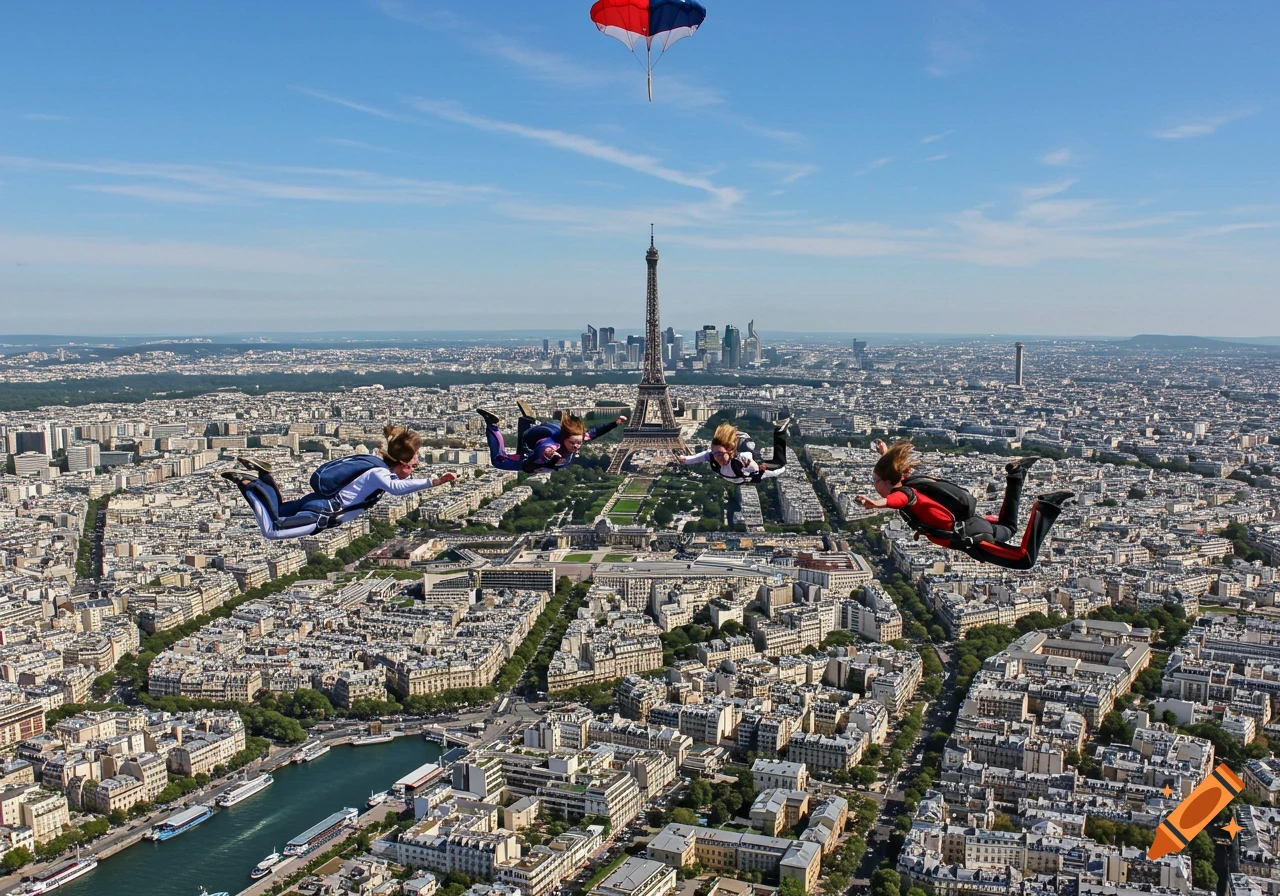 Four people skydive over Paris with the Eiffel Tower in the background, photorealistic style.