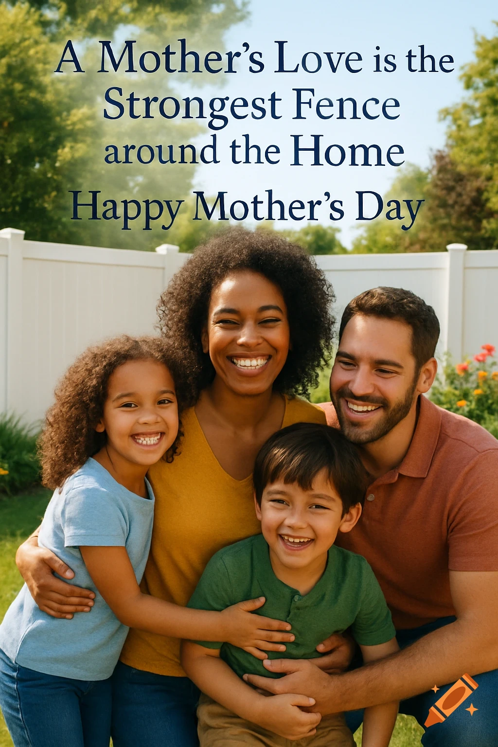 A family smiles together in a backyard with text overlaid.