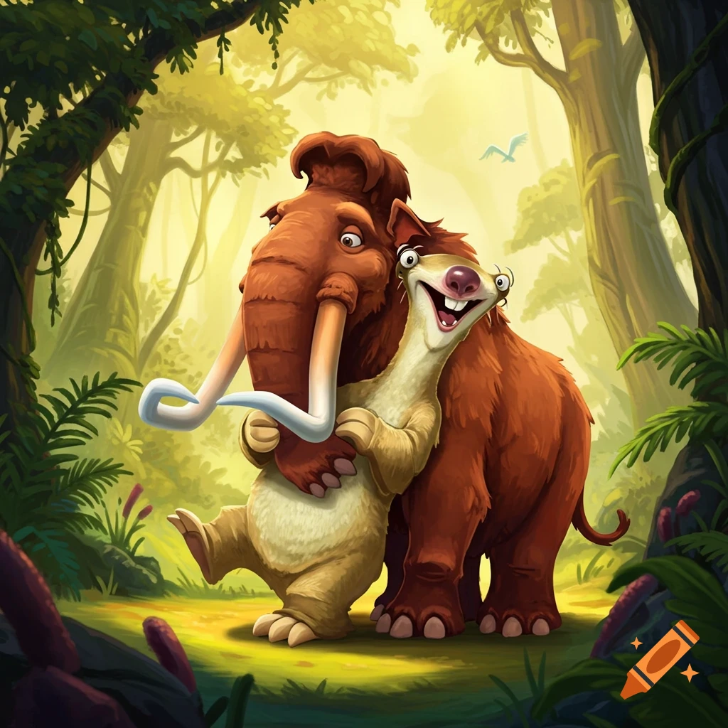 Cartoon image of combined Manny and Sid character hugging in a lush forest.