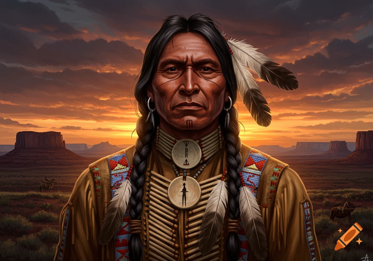 A detailed portrait of a Native American man in traditional clothing against a desert landscape at sunset.