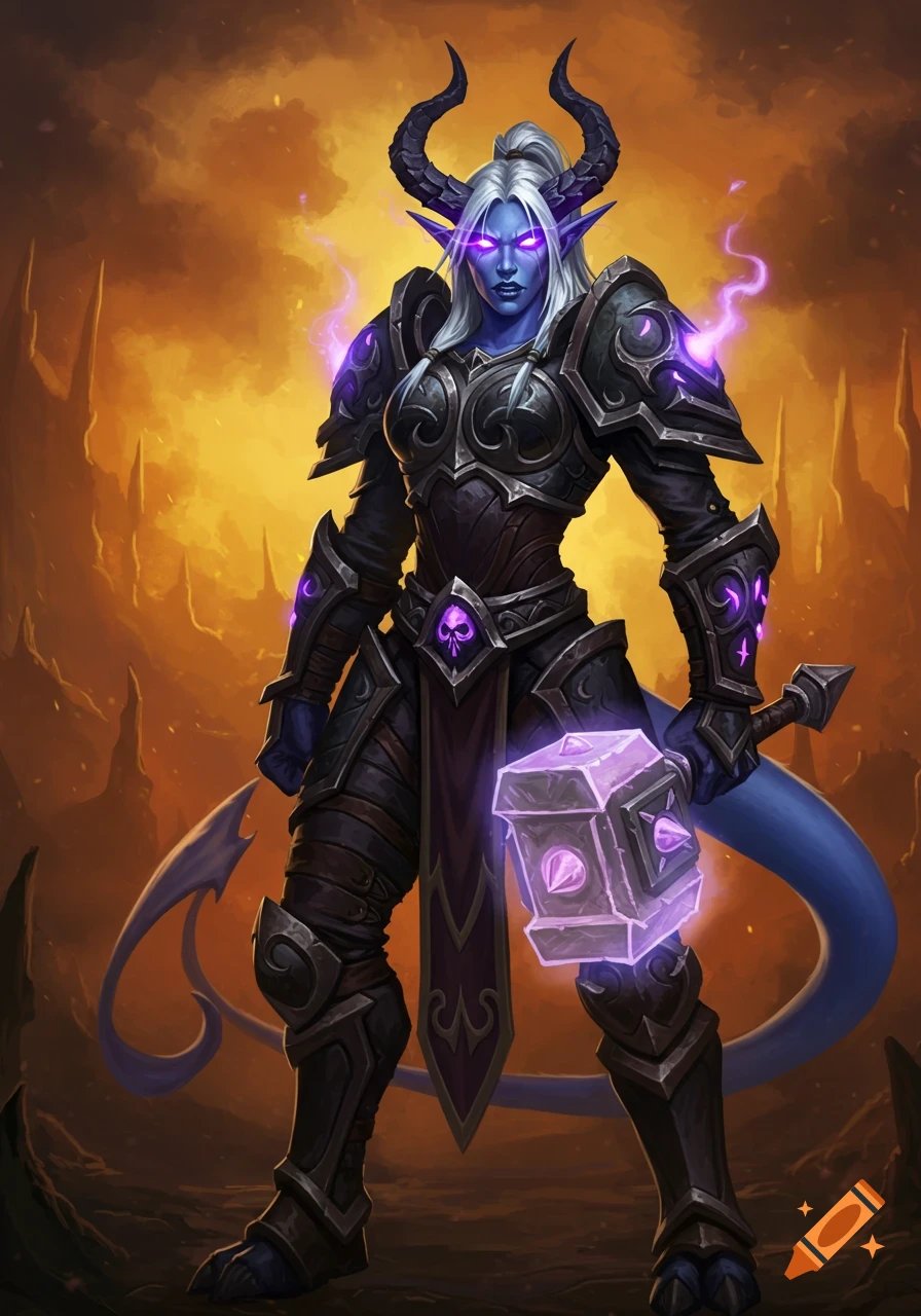 A blue-skinned fantasy character in dark armor holds a glowing hammer.