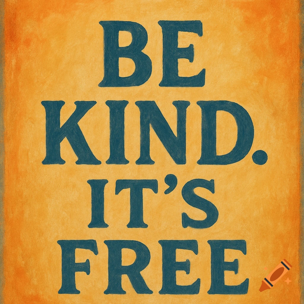 Blue text "BE KIND. IT'S FREE" on an orange textured background.