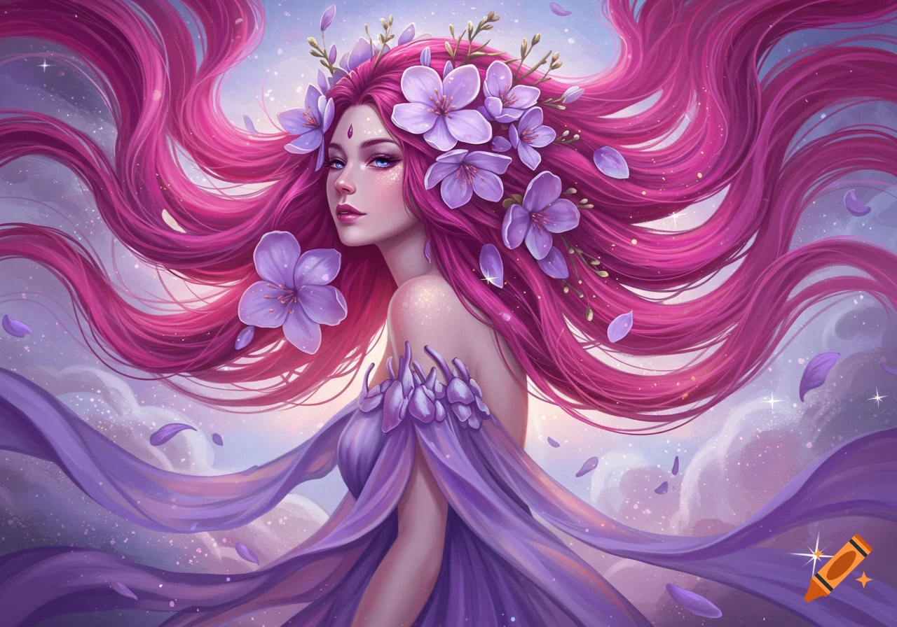 A fantasy portrait of a goddess with long flowing pink hair adorned with purple flowers, against a cloudy sky.