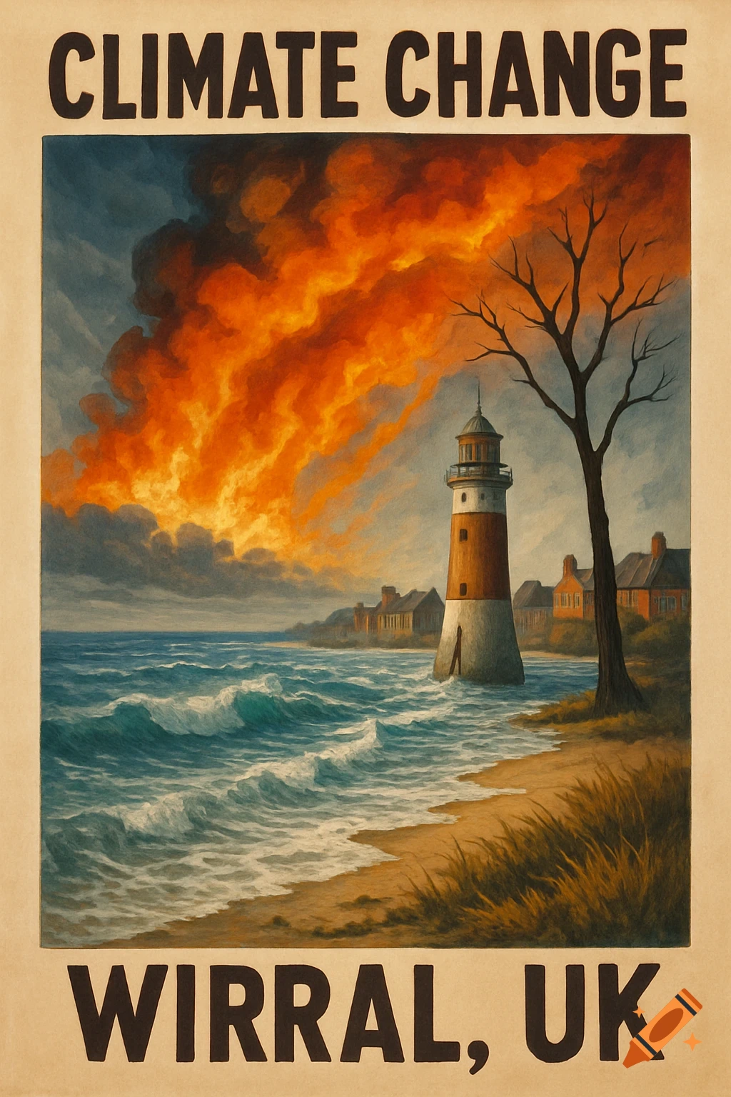 Poster showing a dramatic coastal landscape with a lighthouse and fiery clouds, with text 'CLIMATE CHANGE WIRRAL, UK'.