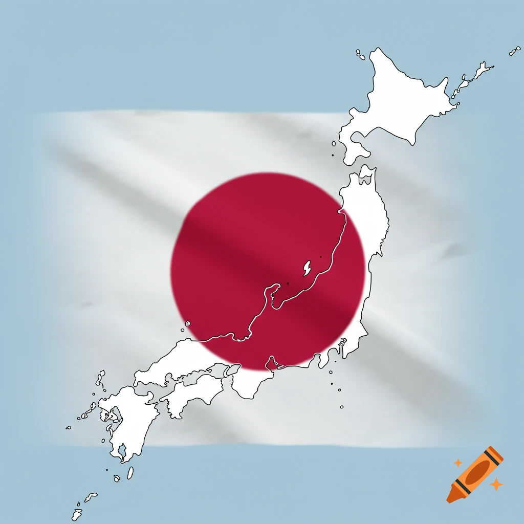 Outline map of Japan over a blurred Japanese flag background.