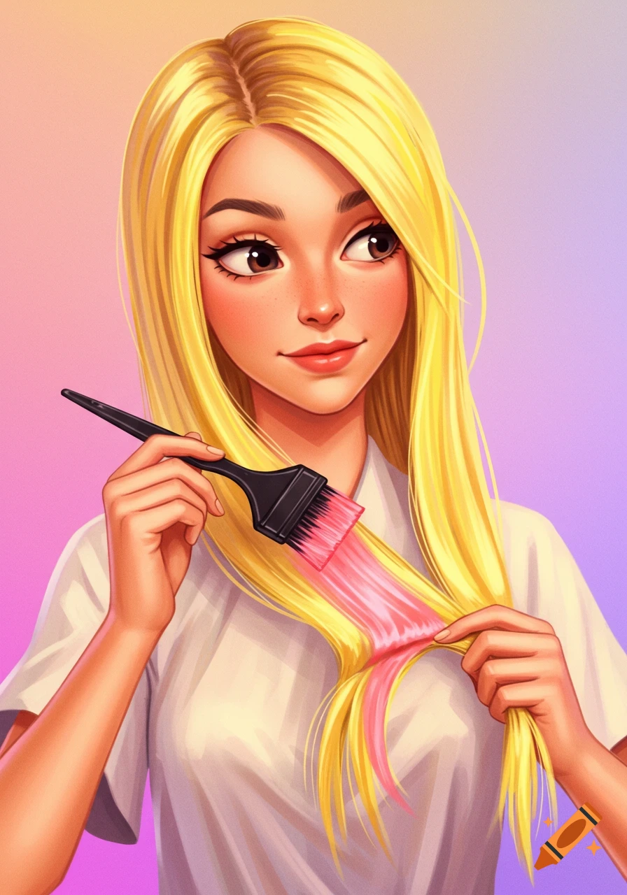 Cartoon illustration of a blonde woman applying pink hair dye to her hair.