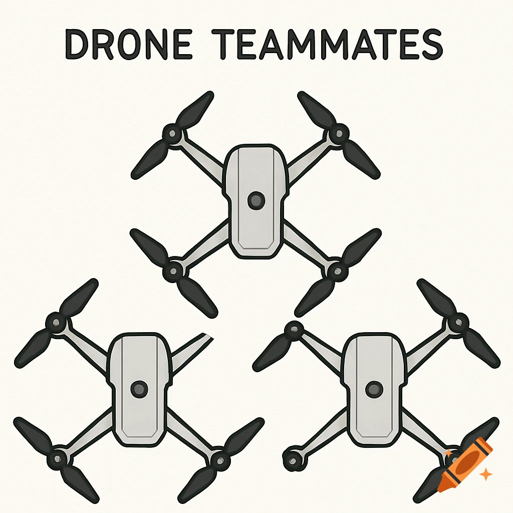 A simple diagram showing three drones from a top-down view. The text "DRONE TEAMMATES" is at the top.