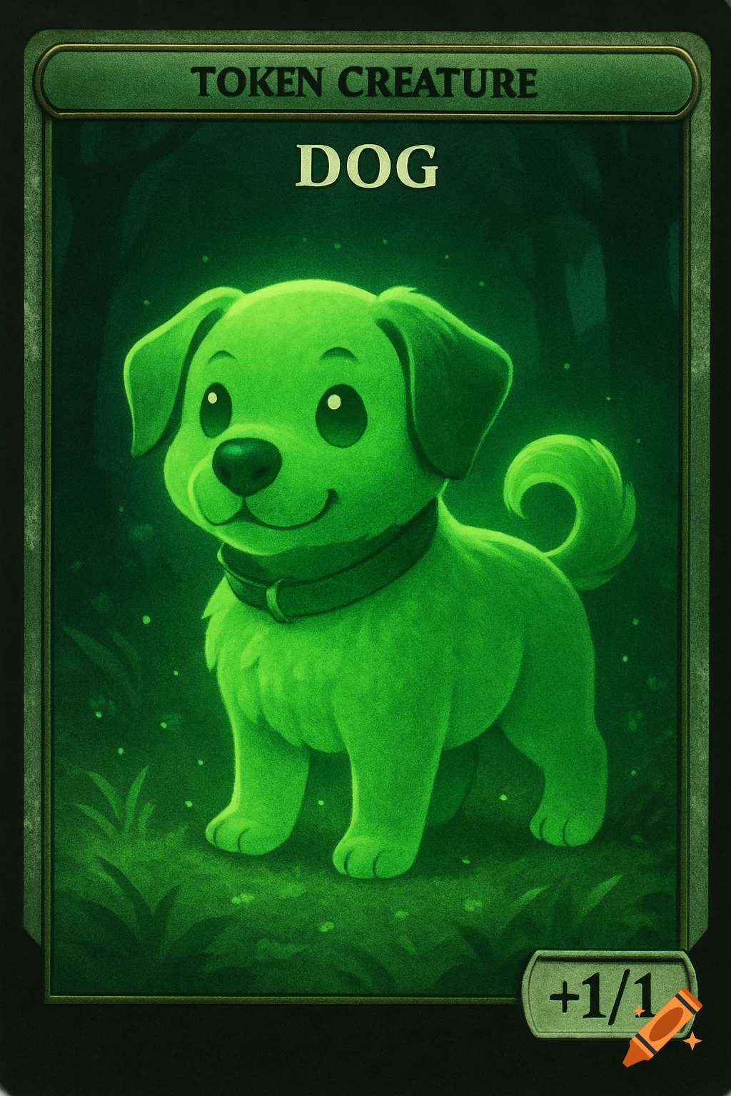 A glowing green cartoon dog stands on a trading card with text TOKEN CREATURE DOG and +1/1.