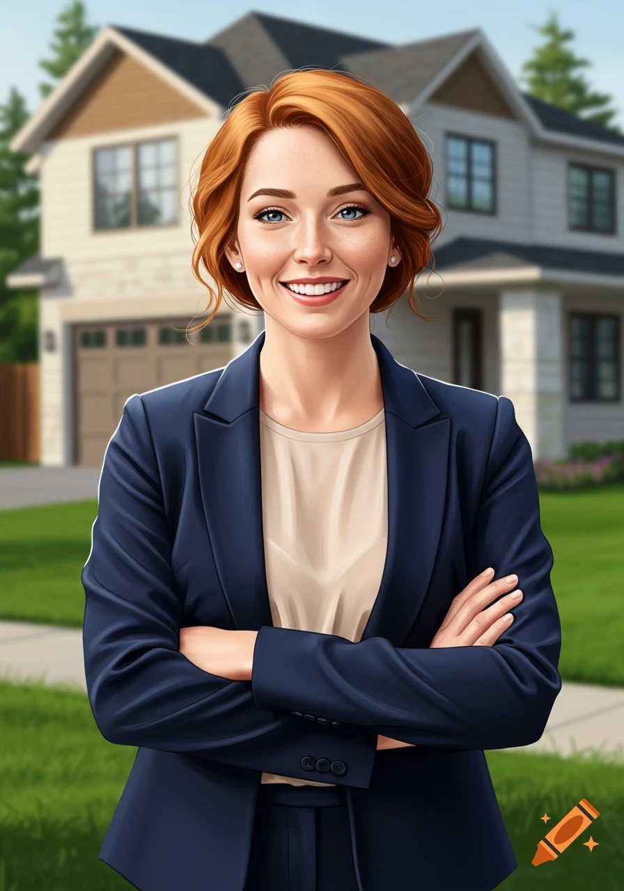 A redhead woman in a suit stands in front of a house, like a realtor.