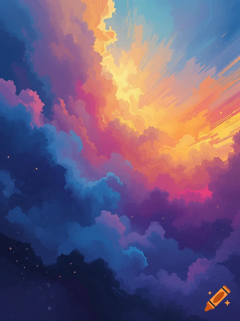 Abstract colorful cloudscape with blues, purples, pinks, and orange light