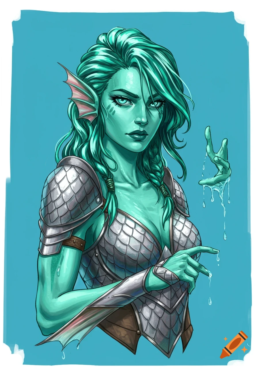 Portrait of a female water genasi in scaled armor with dripping water