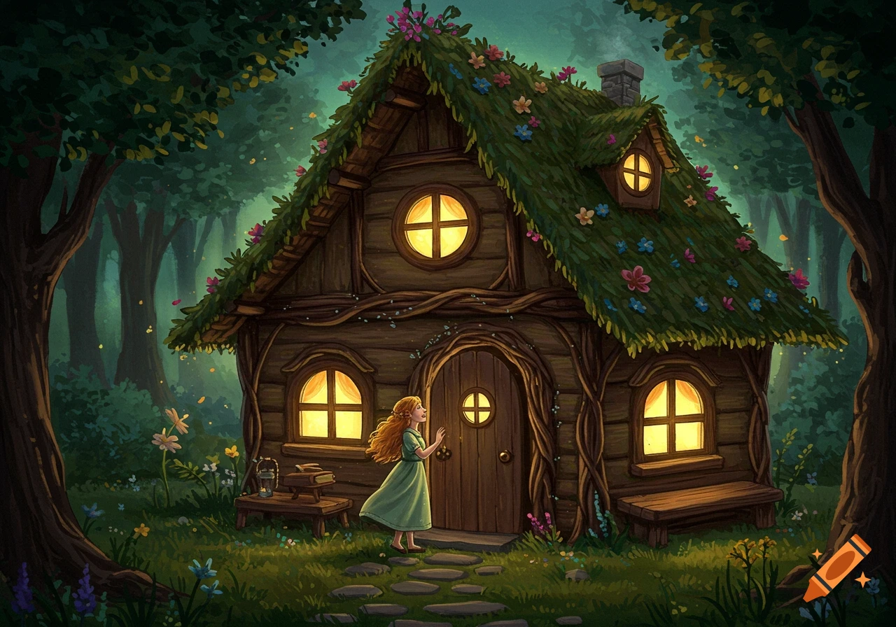 A young girl stands outside a whimsical forest cottage with a flower-covered moss roof and glowing windows, in an illustration style.