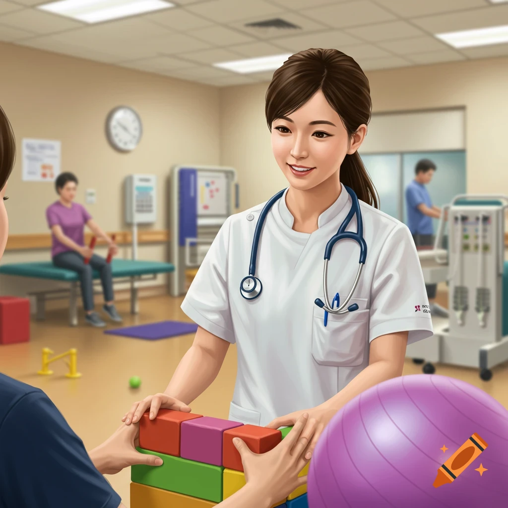 An occupational therapist helps a patient build with colorful blocks in a therapy room.