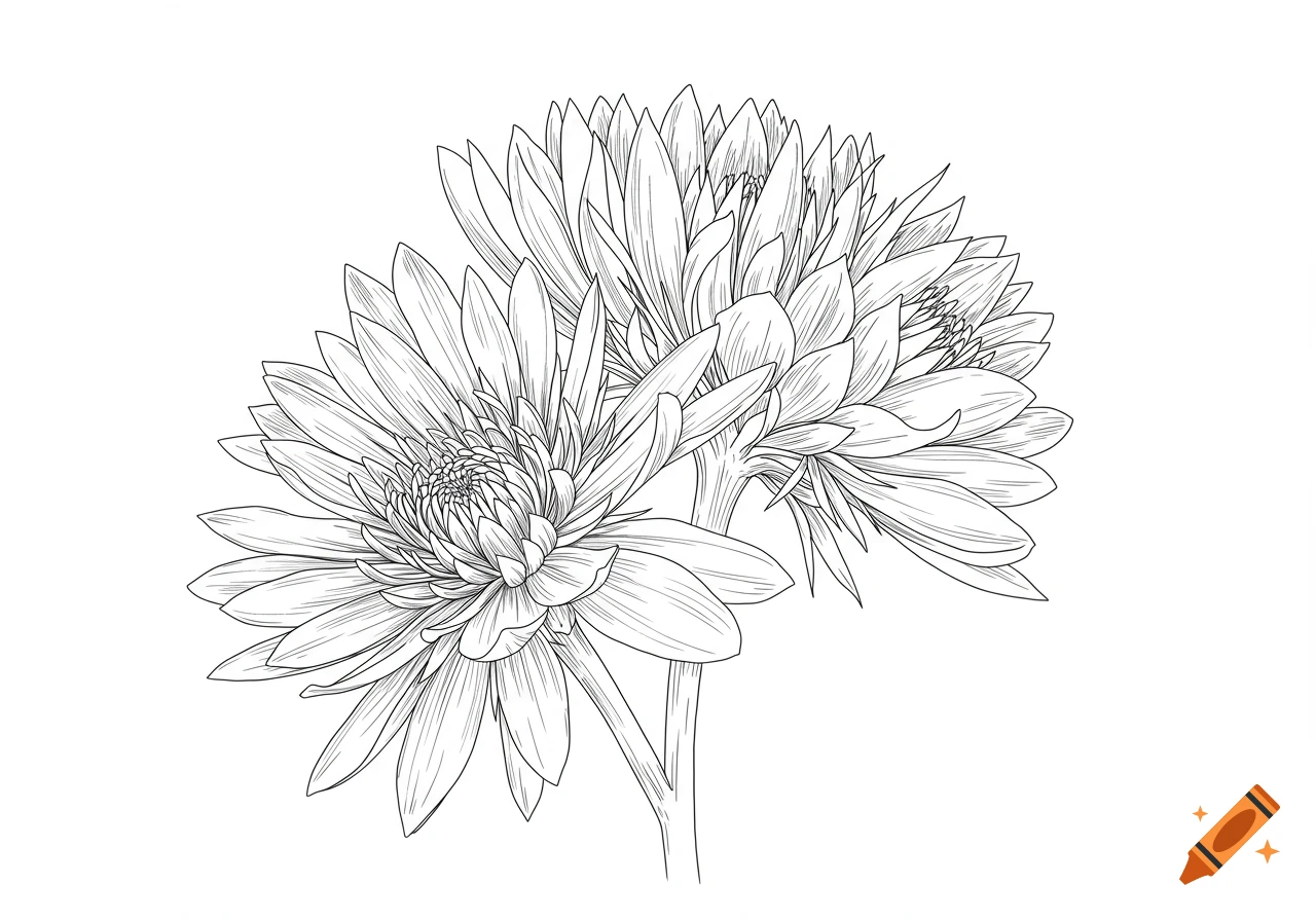 Line art drawing of two flowers.