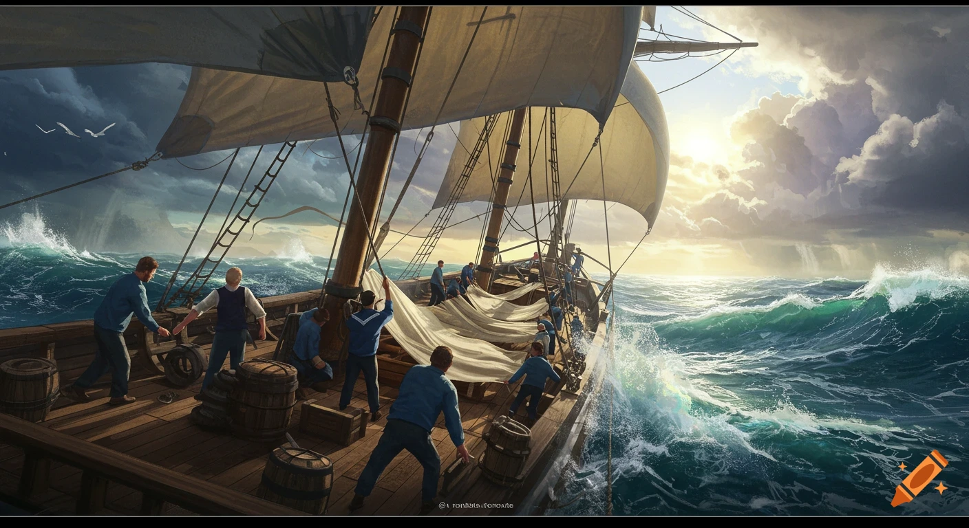Sailors on a schooner lower sails as a storm approaches on the sea.