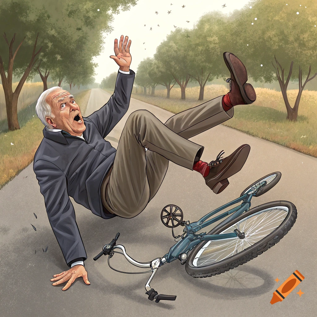 Illustration of an elderly man falling off a bicycle on a road.