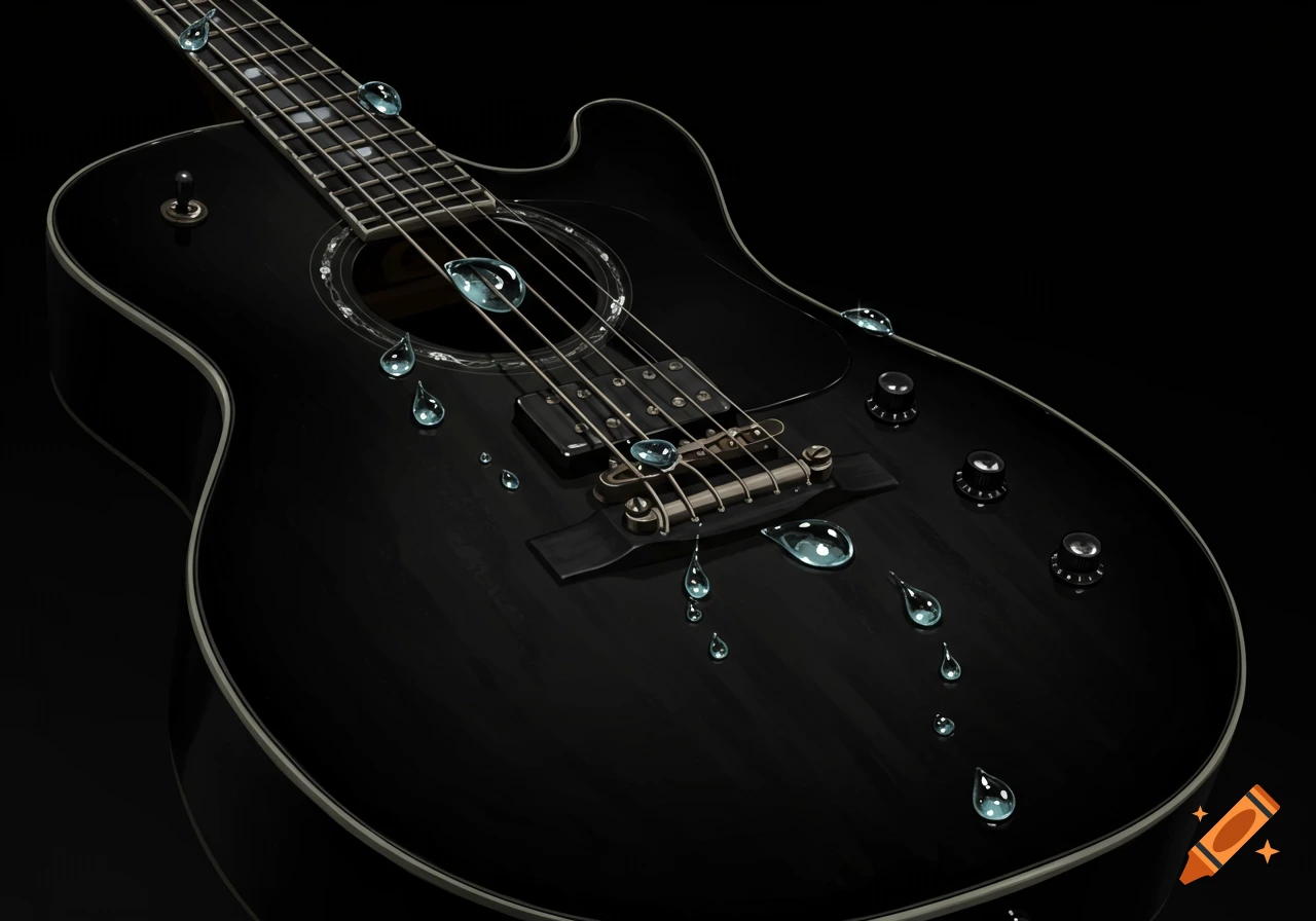 Black acoustic guitar with water droplets on a black background.