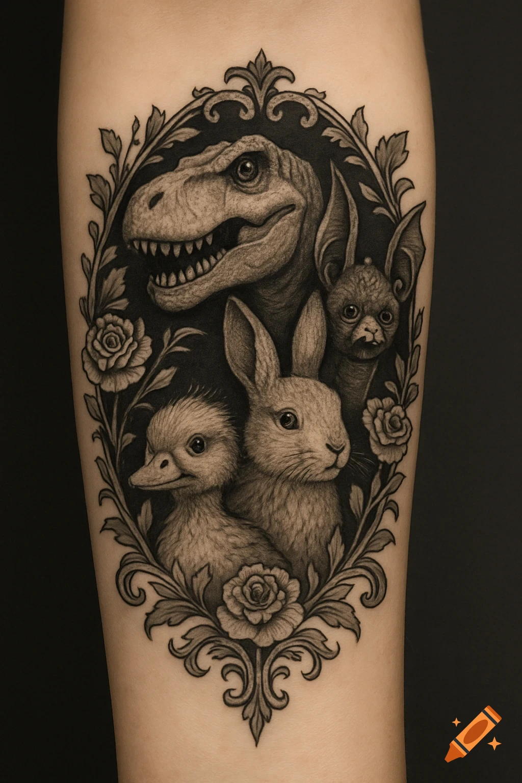 Tattoo on arm of a T-Rex, bat, bunny, and duck in a gothic floral frame.