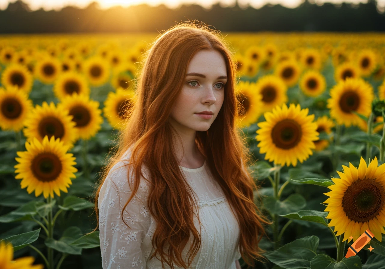 A red-haired woman stands in a field of sunflowers at sunset.