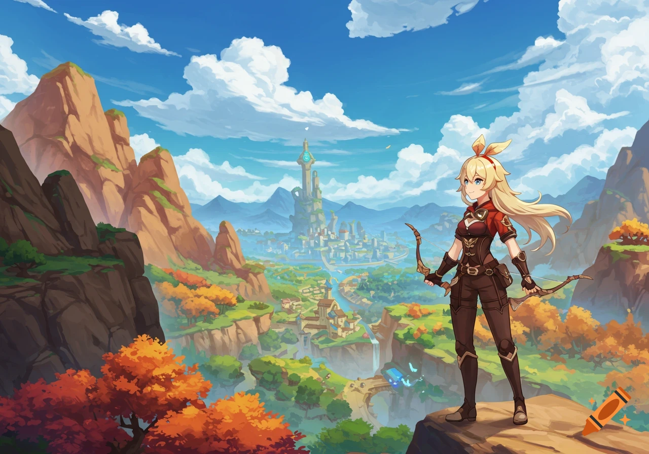 Anime woman resembling Amber from Genshin Impact stands on a cliff overlooking a fantasy town and valley.