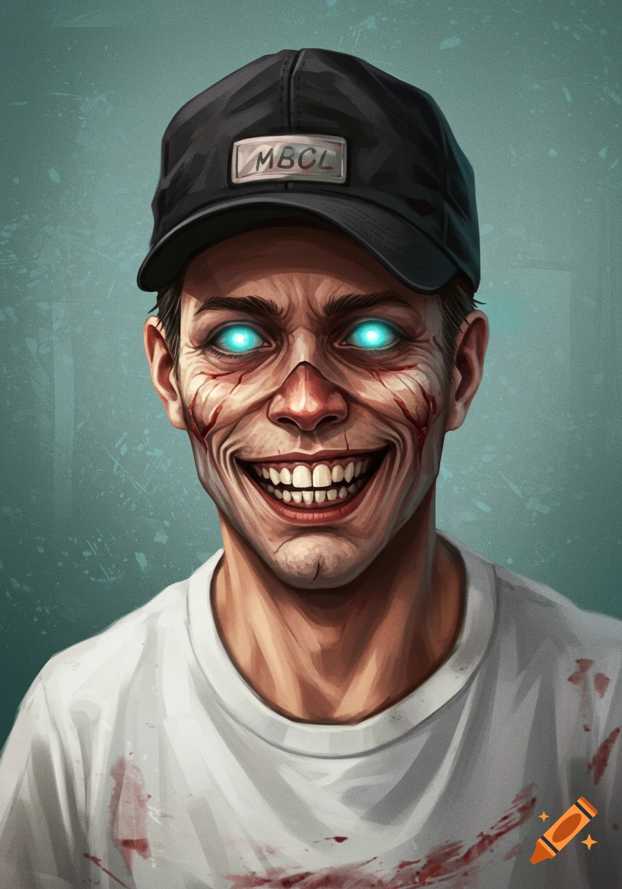 Illustration of a Fallout ghoul with glowing blue eyes, scars, creepy smile, black cap, and blood on his shirt.