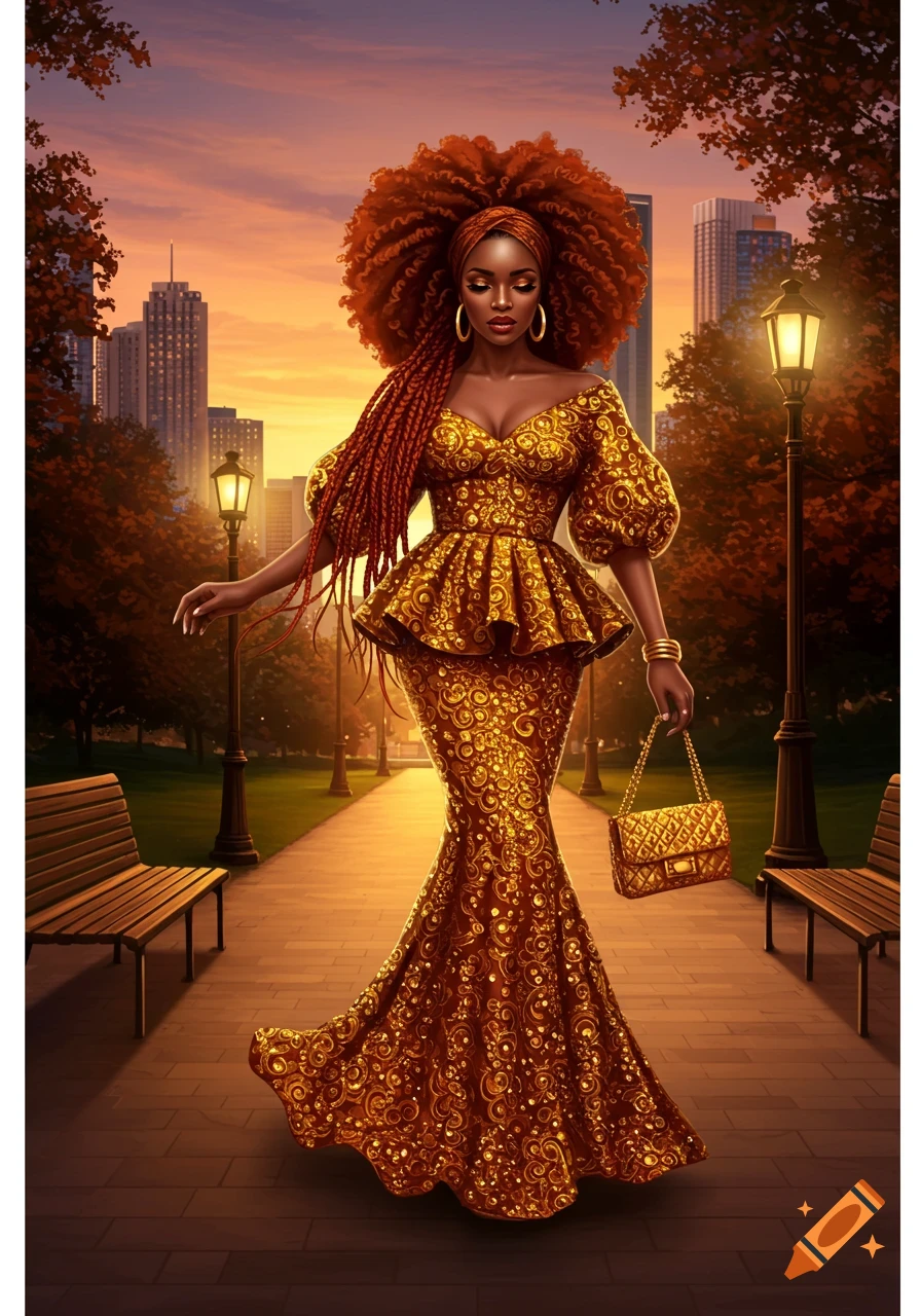 Woman with auburn hair in gold peplum dress walking in park at sunset with gold handbag.
