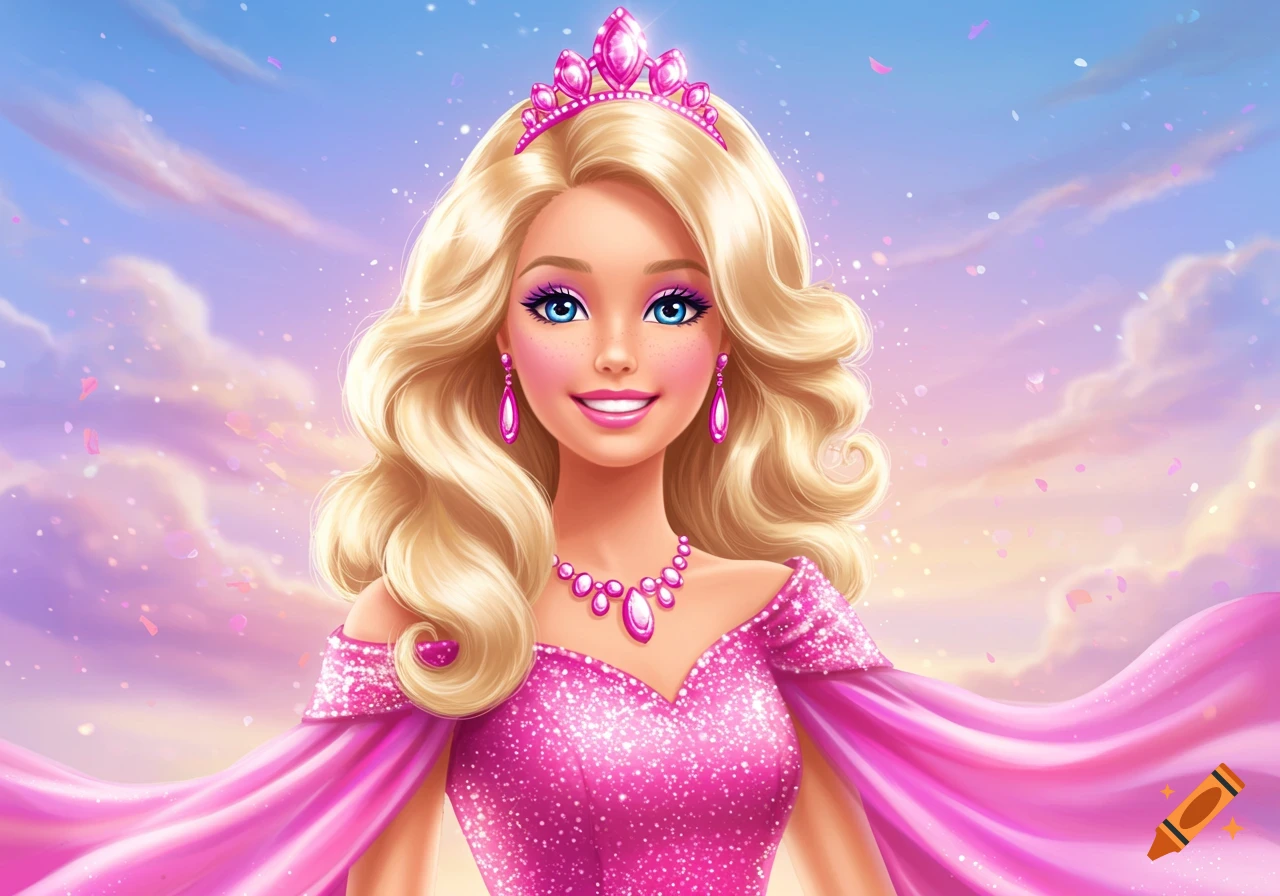 Illustration of a woman like Barbie in a pink princess dress and tiara against a cloudy sky.