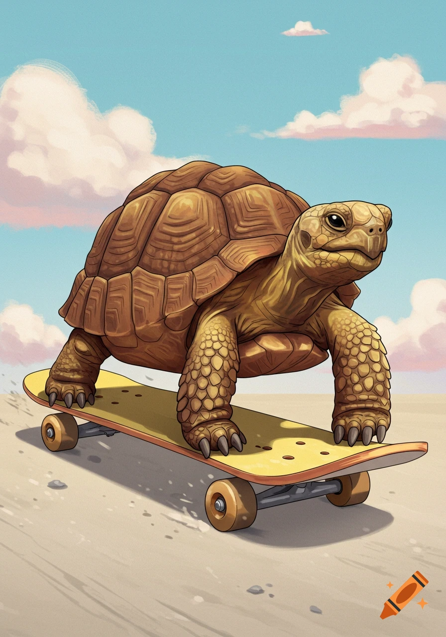 A tortoise rides a skateboard across sandy ground under a cloudy sky.