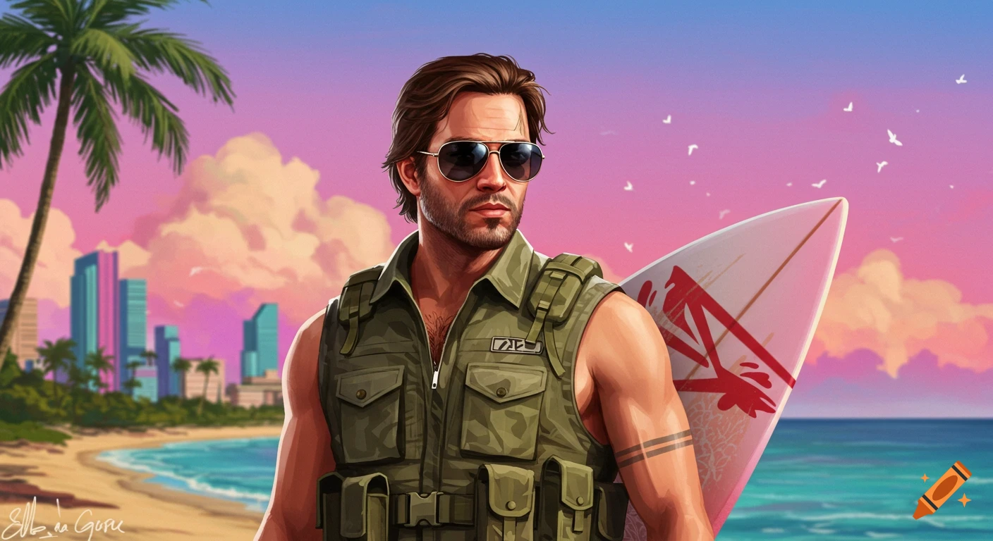 Man with sunglasses and tactical vest holding a surfboard on a stylized beach at sunset.