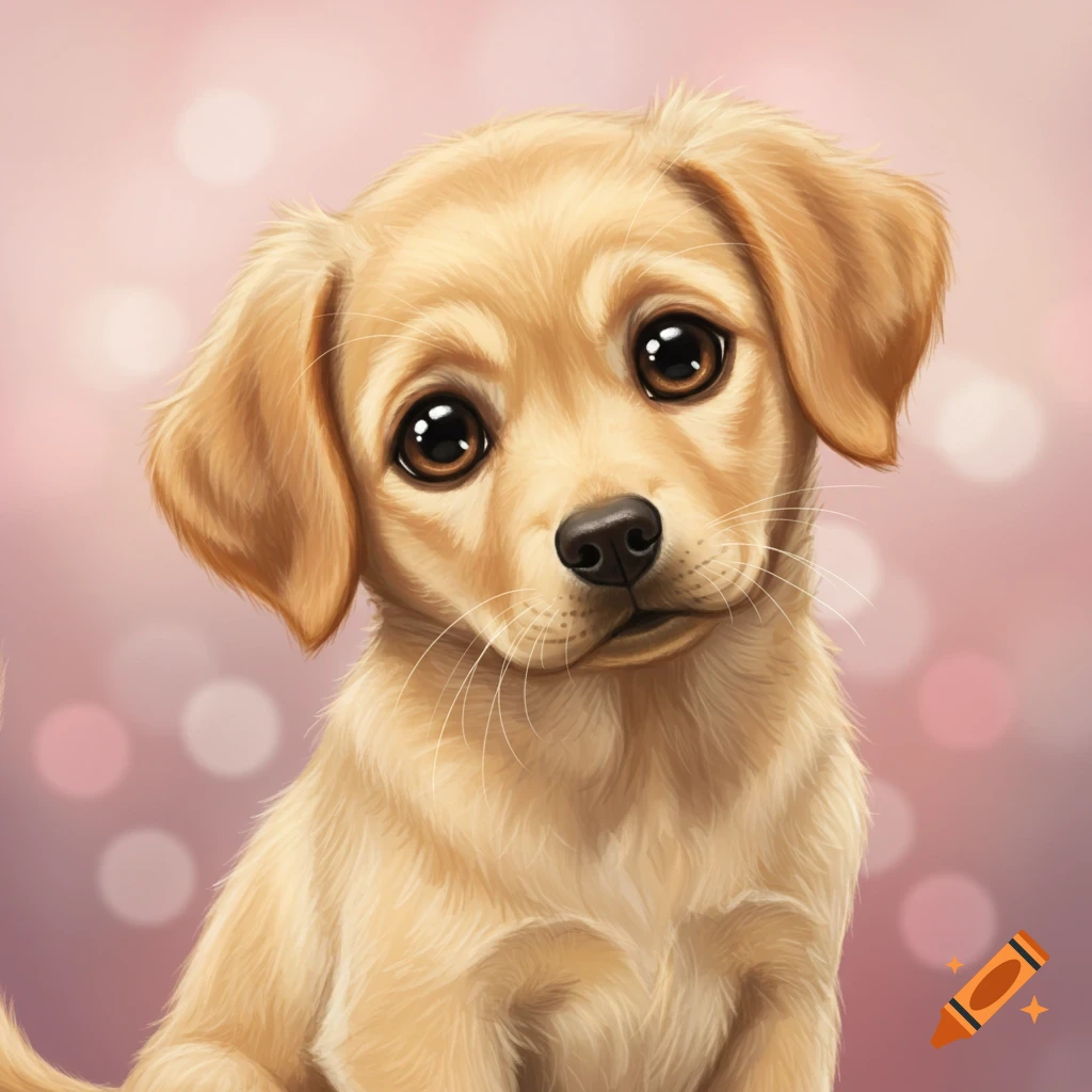 Cute tan puppy tilting head, illustrated against a blurry pink bokeh background.