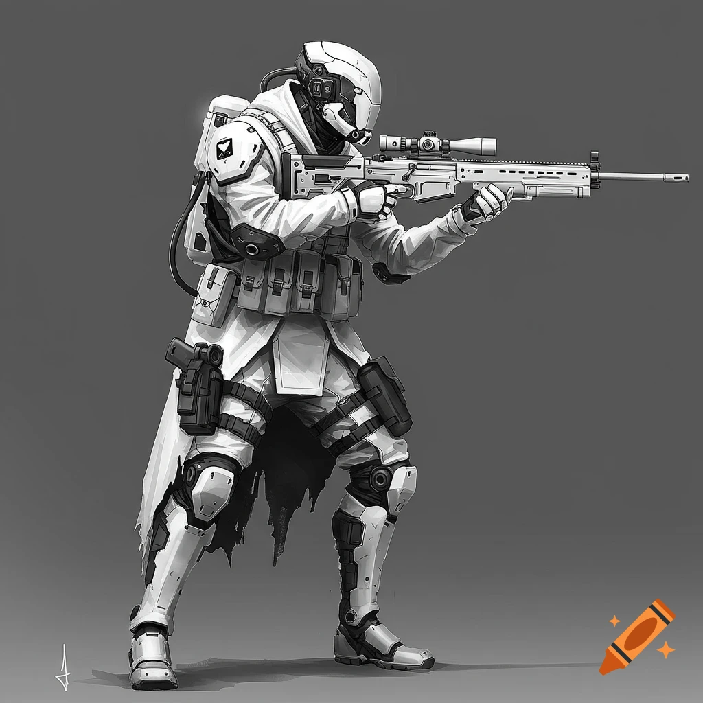 Futuristic sniper soldier in white armor aiming a rifle, digital art