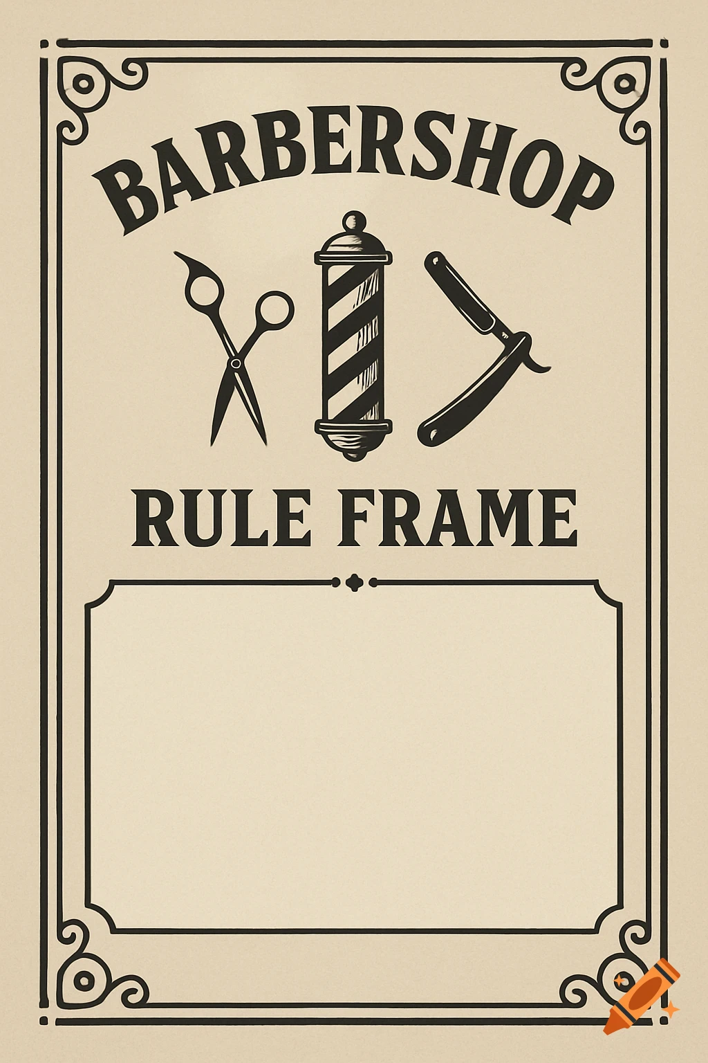 Vintage barbershop poster design with decorative frame, scissors, barber pole, and straight razor.