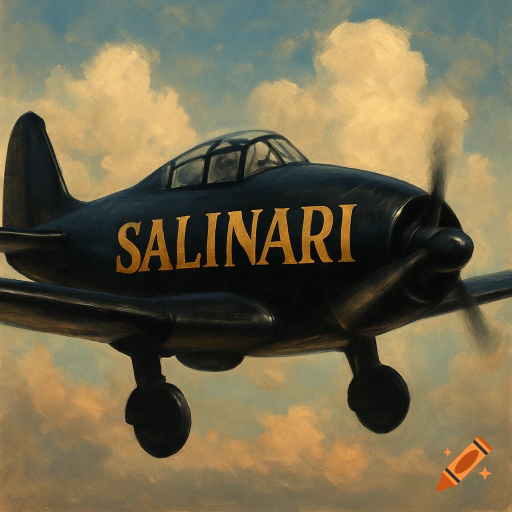 A black vintage airplane with gold text "SALINARI" on its side flies through a cloudy sky, in a painted style.