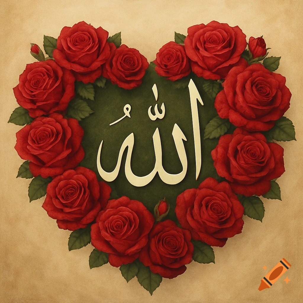 The Arabic word for Allah written in calligraphy inside a heart shape formed by red roses and green leaves.